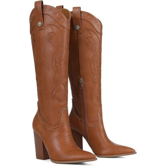 Women's Brown Wide Calf Chunky Knee High Heels Embroidered Western Boots - Picture 5 of 7